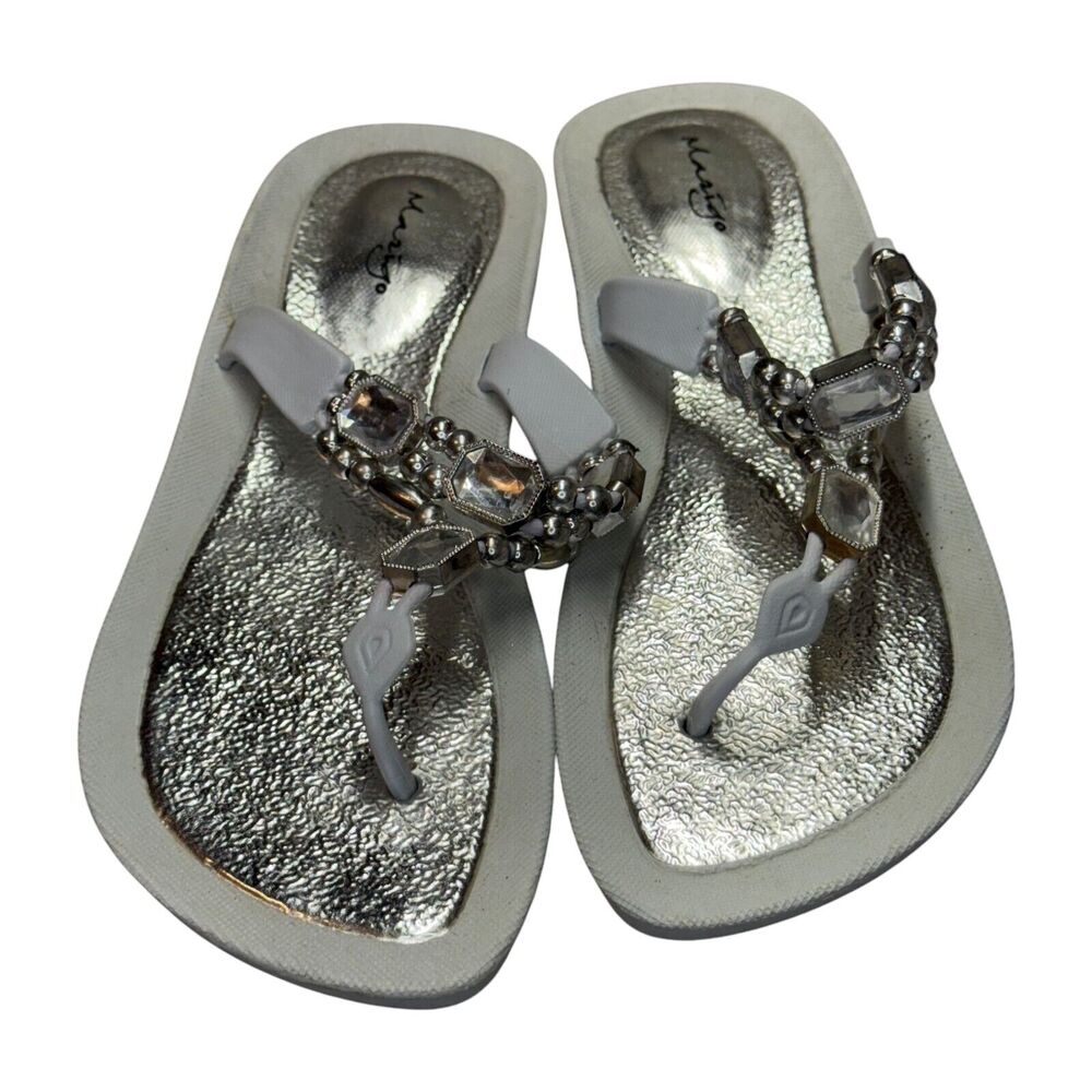 Marigo Women Large Flip Flop White Silver Rhinestone Beaded Slip On Thong Sandal